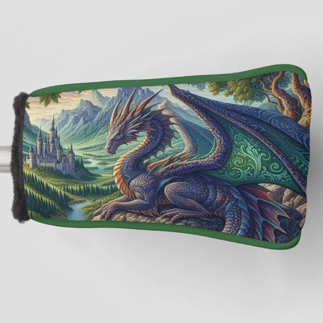 Colourful, Medieval Dragon castle Golf Head Cover (Front)