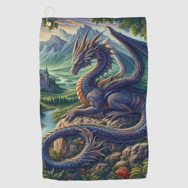 Colourful, Medieval Dragon castle Golf Towel (Front)