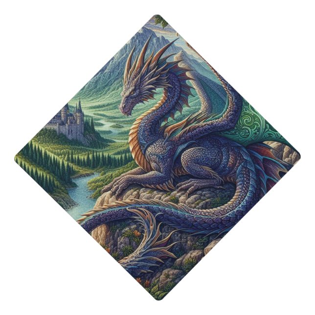 Colourful, Medieval Dragon castle Graduation Cap Topper (Front)