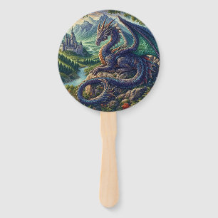 Colourful, Medieval Dragon castle Hand Fan