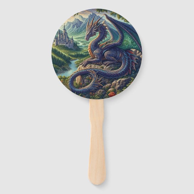 Colourful, Medieval Dragon castle Hand Fan (Front)