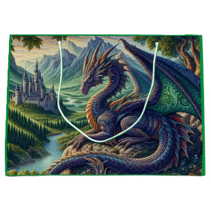 Colourful, Medieval Dragon castle Large Gift Bag