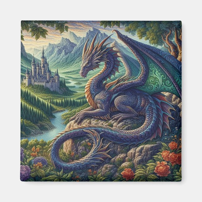 Colourful, Medieval Dragon castle Magnet (Front)