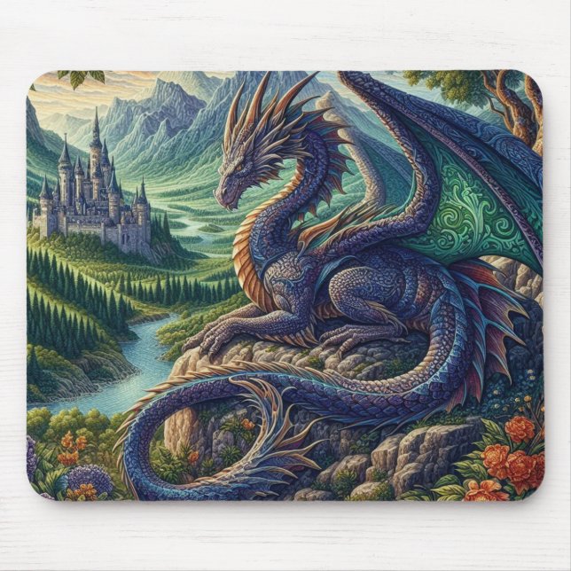 Colourful, Medieval Dragon castle Mouse Pad (Front)
