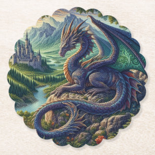 Colourful, Medieval Dragon castle Paper Coaster