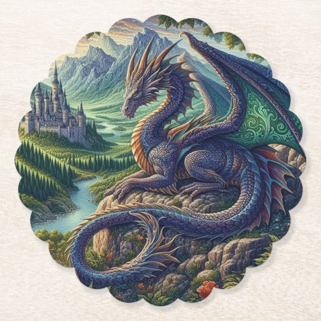 Colourful, Medieval Dragon castle Paper Coaster (Front)