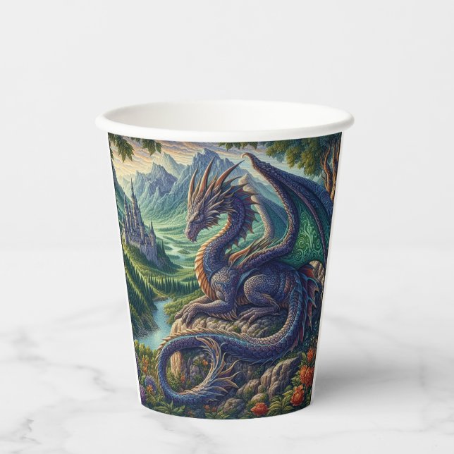 Colourful, Medieval Dragon castle Paper Cups (Front)