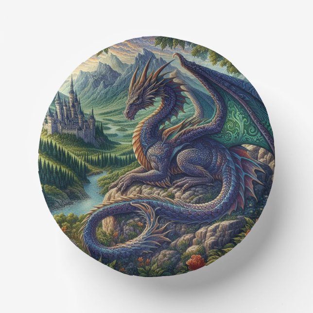 Colourful, Medieval Dragon castle Paper Plate (Front)
