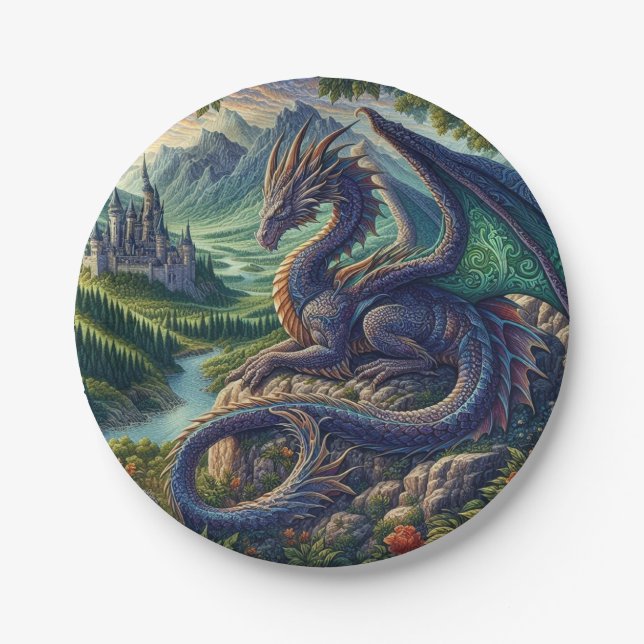 Colourful, Medieval Dragon castle Paper Plate (Front)