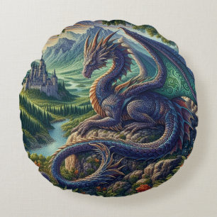 Colourful, Medieval Dragon castle Round Pillow