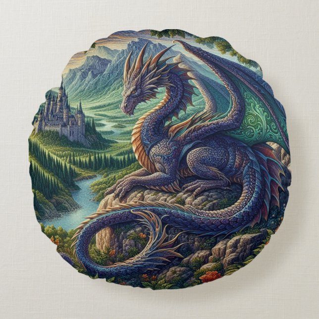 Colourful, Medieval Dragon castle Round Pillow (Front)