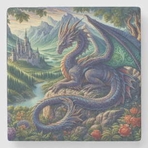 Colourful, Medieval Dragon castle Stone Coaster