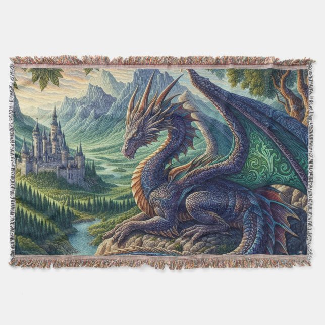 Colourful, Medieval Dragon castle Throw Blanket (Front)