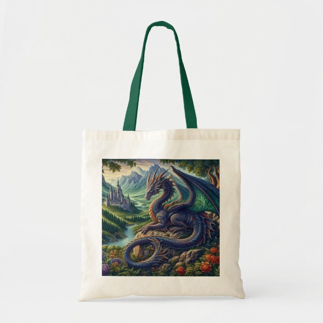 Colourful, Medieval Dragon castle Tote Bag (Front)