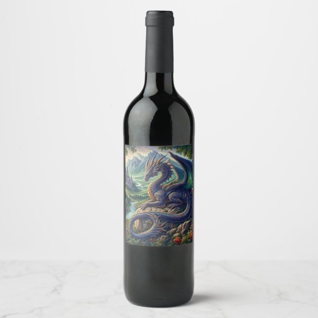 Colourful, Medieval Dragon castle Wine Label (Front)