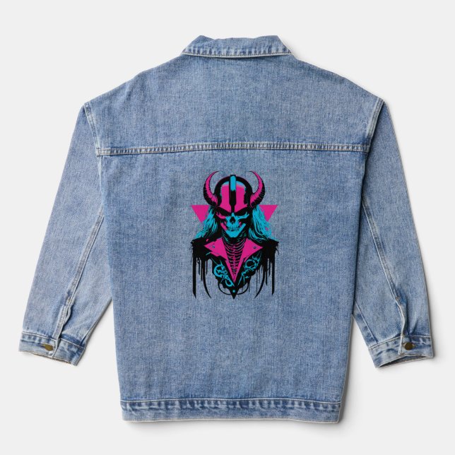 Colourful Medieval Zombie Skull Art Denim Jacket (Back)