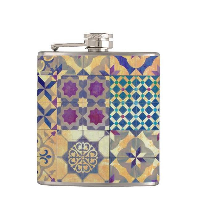 Colourful Mediterranean & Aegean traditional tiles Hip Flask (Front)