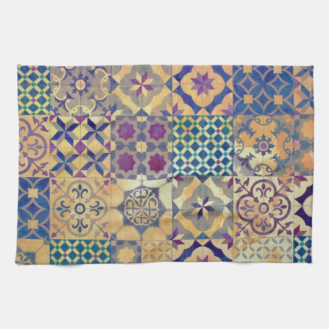 Colourful Mediterranean & Aegean traditional tiles Kitchen Towel (Horizontal)