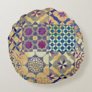 Colourful Mediterranean & Aegean traditional tiles Round Pillow