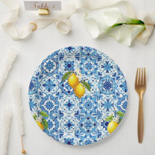 Colourful,Mediterranean,mosaic,blue,lemon, Paper Plate