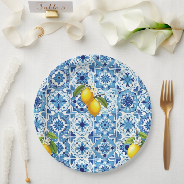 Colourful,Mediterranean,mosaic,blue,lemon, Paper Plate (Wedding)