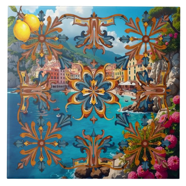 Colourful,Mediterranean,mosaic,blue,neutral, Tile (Front)