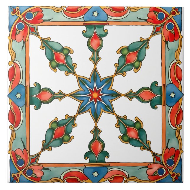 Colourful,Mediterranean,mosaic,blue,orange,green, Tile (Front)