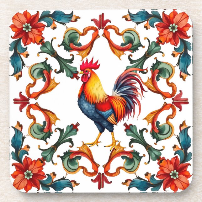 Colourful,Mediterranean,mosaic,rooster,bird, Coaster (Front)