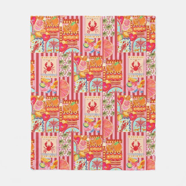 Colourful Mediterranean Summer Collage Pattern | C Fleece Blanket (Front)