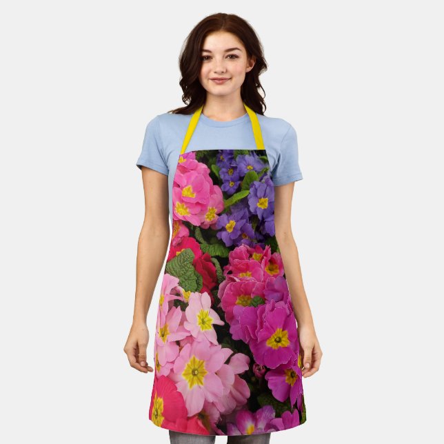 Colourful Medley Pink Blue Purple Primula Flowers Apron (Worn)
