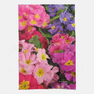 Colourful Medley Pink Blue Purple Primula Flowers Kitchen Towel