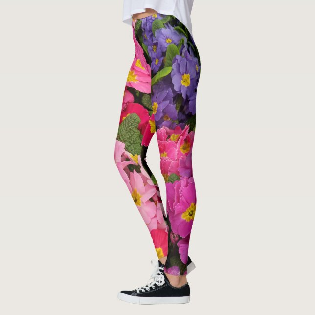 Colourful Medley Pink Blue Purple Primula Flowers Leggings (Left)