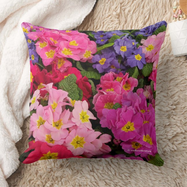 Colourful Medley Pink Blue Purple Primula Flowers Throw Pillow (Blanket)