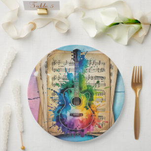 Colourful Melody: Painted Guitar on Vintage Music Paper Plate