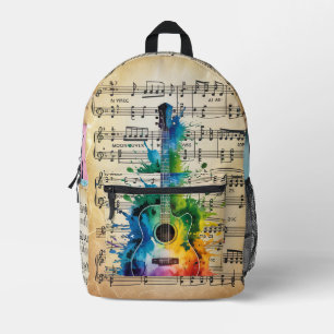 Colourful Melody: Painted Guitar on Vintage Music Printed Backpack