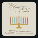 Colourful Menorah Hanukkah Square Sticker<br><div class="desc">Here's a fun graphic look for a Hanukkah sticker. A colourful menorah highlights a striped taupe coloured panel with an ornate "Festival of Lights" in a typographic treatment above. A special customized message goes underneath. Great as envelope seals or for sticking on holiday packages or gifts. Available in alternate colours...</div>