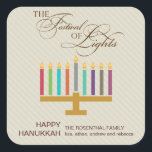 Colourful Menorah Hanukkah Square Sticker<br><div class="desc">Here's a fun graphic look for a Hanukkah sticker. A colourful menorah highlights a striped taupe coloured panel with an ornate "Festival of Lights" in a typographic treatment above. A special customized message goes underneath. Great as envelope seals or for sticking on holiday packages or gifts. Available in alternate colours...</div>