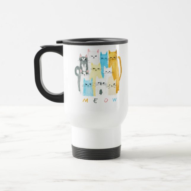 Colourful MEOW Cats Travel Mug – Fun Cat Design (Left)