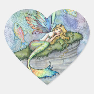 Colourful Mermaid and Carp Fish Fantasy Art Heart Sticker