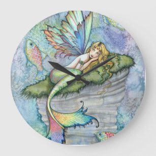 Colourful Mermaid and Carp Fish Fantasy Art Large Clock