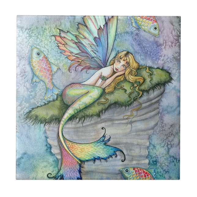 Colourful Mermaid and Carp Fish Fantasy Art Tile (Front)
