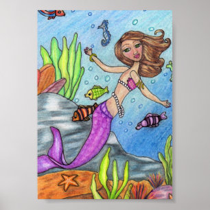 Colourful Mermaid and Fish Poster