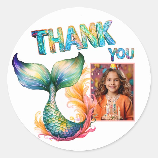 Colourful Mermaid Birthday Thank you Girl Photo Classic Round Sticker (Front)