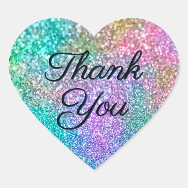 Colourful Mermaid Glitter Calligraphy Thank You Heart Sticker (Front)