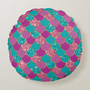 Colourful Mermaid Glitter Design Round Pillow