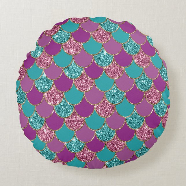 Colourful Mermaid Glitter Design Round Pillow (Front)