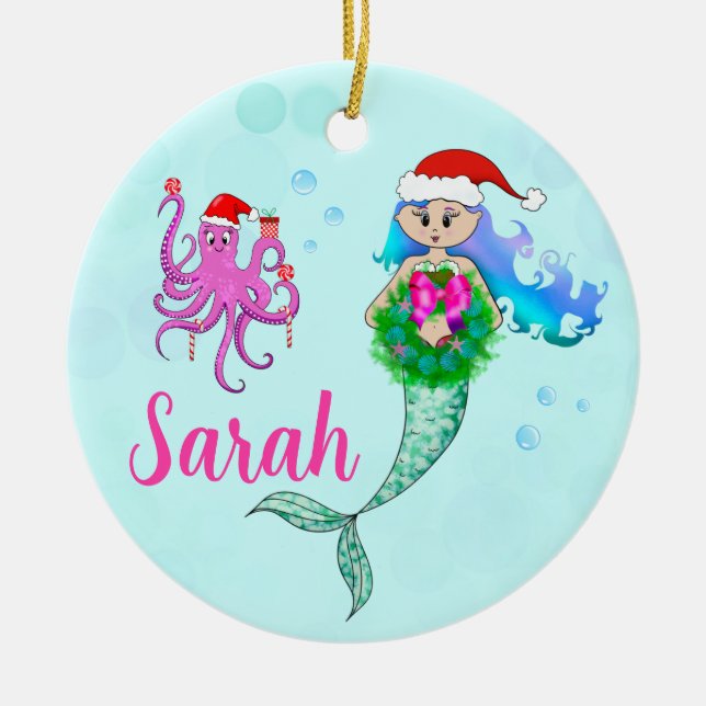 Colourful Mermaid & Octopus Christmas Wreath  Ceramic Ornament (Front)