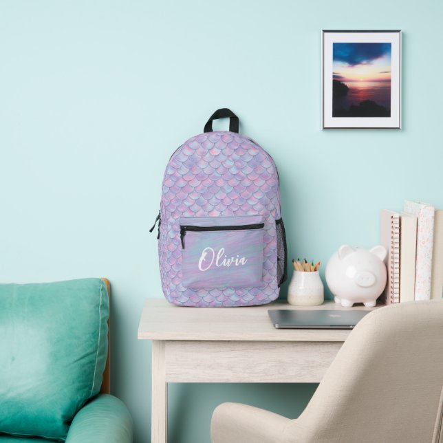 Colourful Mermaid Scale Name Printed Backpack (Insitu)