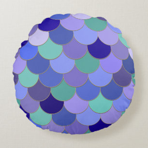 Colourful Mermaid Scales Aqua Teal Purple Blues Round Pillow