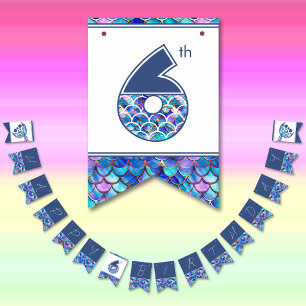 Colourful Mermaid Scales Little Girls 6th Birthday Bunting Flags